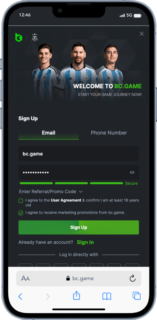 BC Game tela de login — opções de acesso via Google, Telegram e e-mail