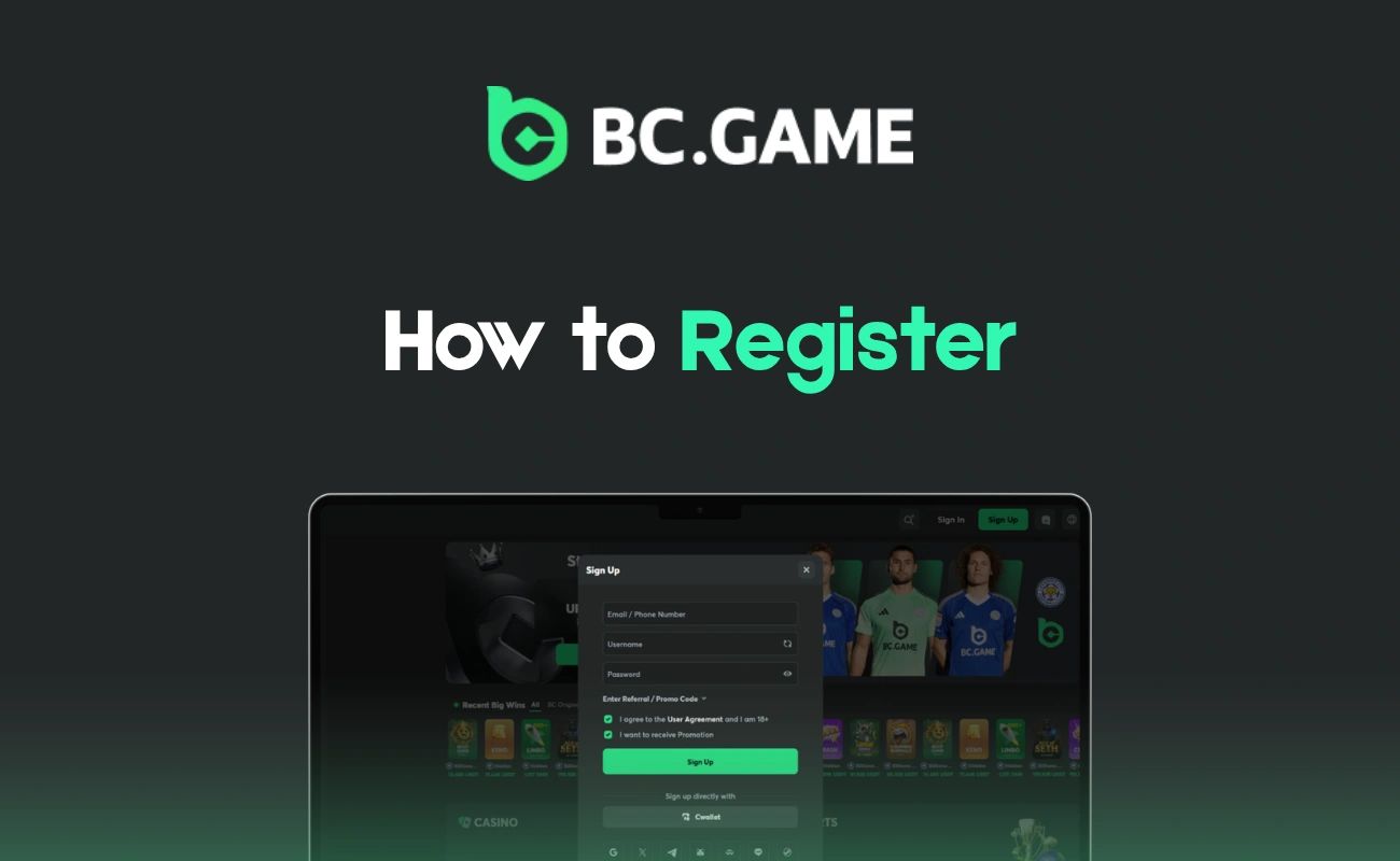 Tela de registro do BC Game — formulário de cadastro com opções de e-mail, Google e Telegram