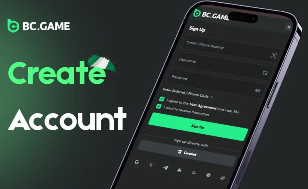 BC Game formulário de registro por e-mail — campos de e-mail, senha e código promocional